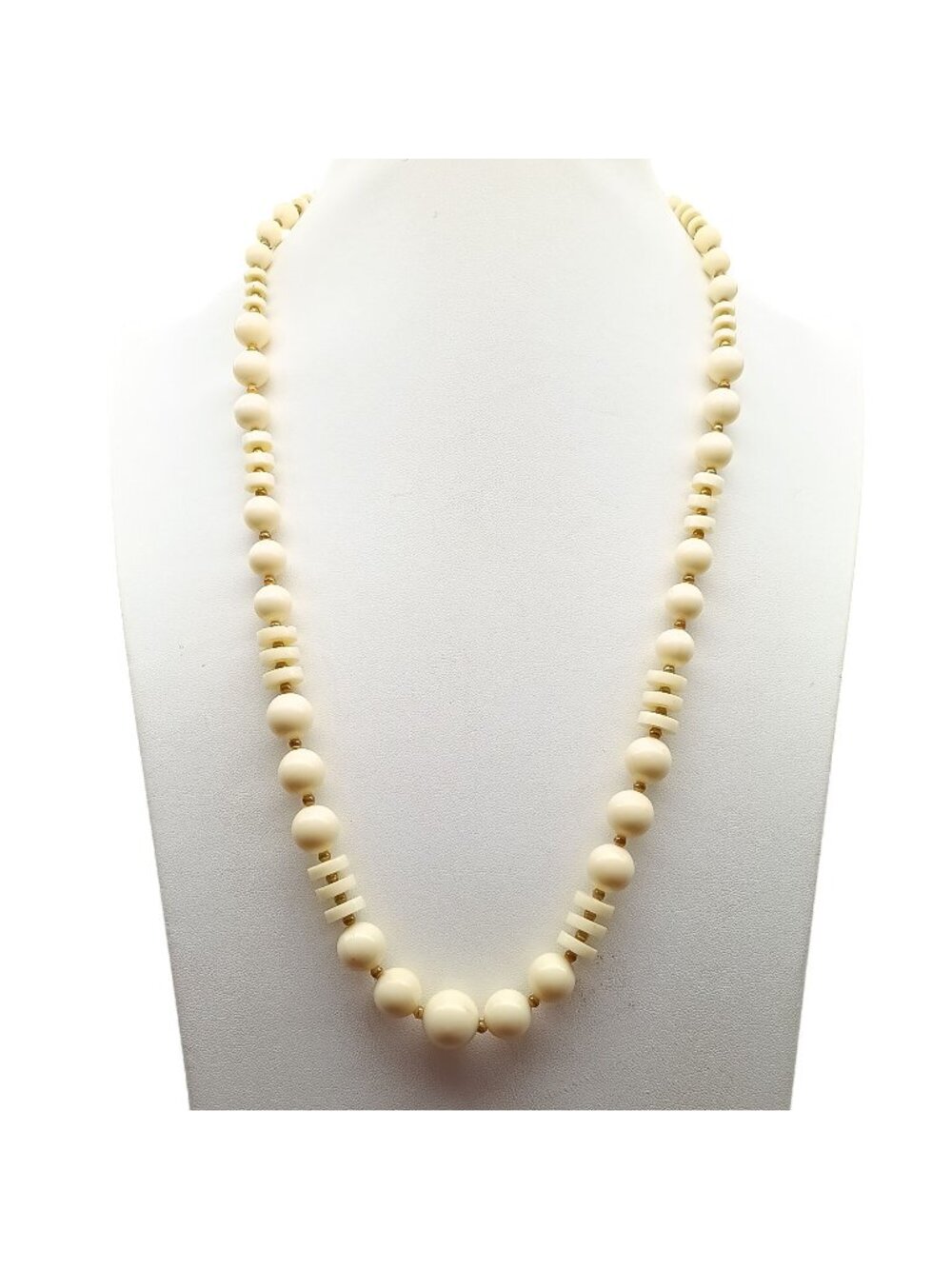 Vintage Cream Beaded Necklace with Golden Accents & Rondelle Spacers Retro State